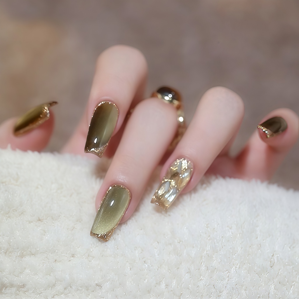 【ชุดเครื่องมือฟรี】Cats Eye เล็บปลอมลายตาแมว เล็บแฟชั่น สไตล์ฝรั่งเศส สไตล์หรูหราเบาสบายแบบ ทำด้วยมือ ทำให้ผิวขาวขึ้น
