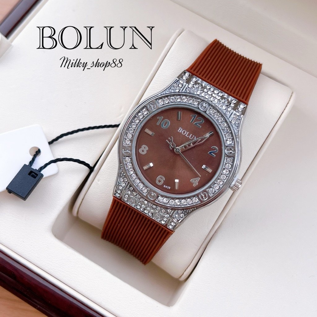(M68) นาฬิกา BOLUN ทรงกลม ล้อมเพชร สายสิริโคนนุ่ม สวยหรู ผู้ดี ระบบควอช