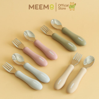 MEEM ชุดช้อนส้อมสแตนเลส ฝึกทานอาหารเด็ก ด้ามจับซิลิโคน ช้อนส…