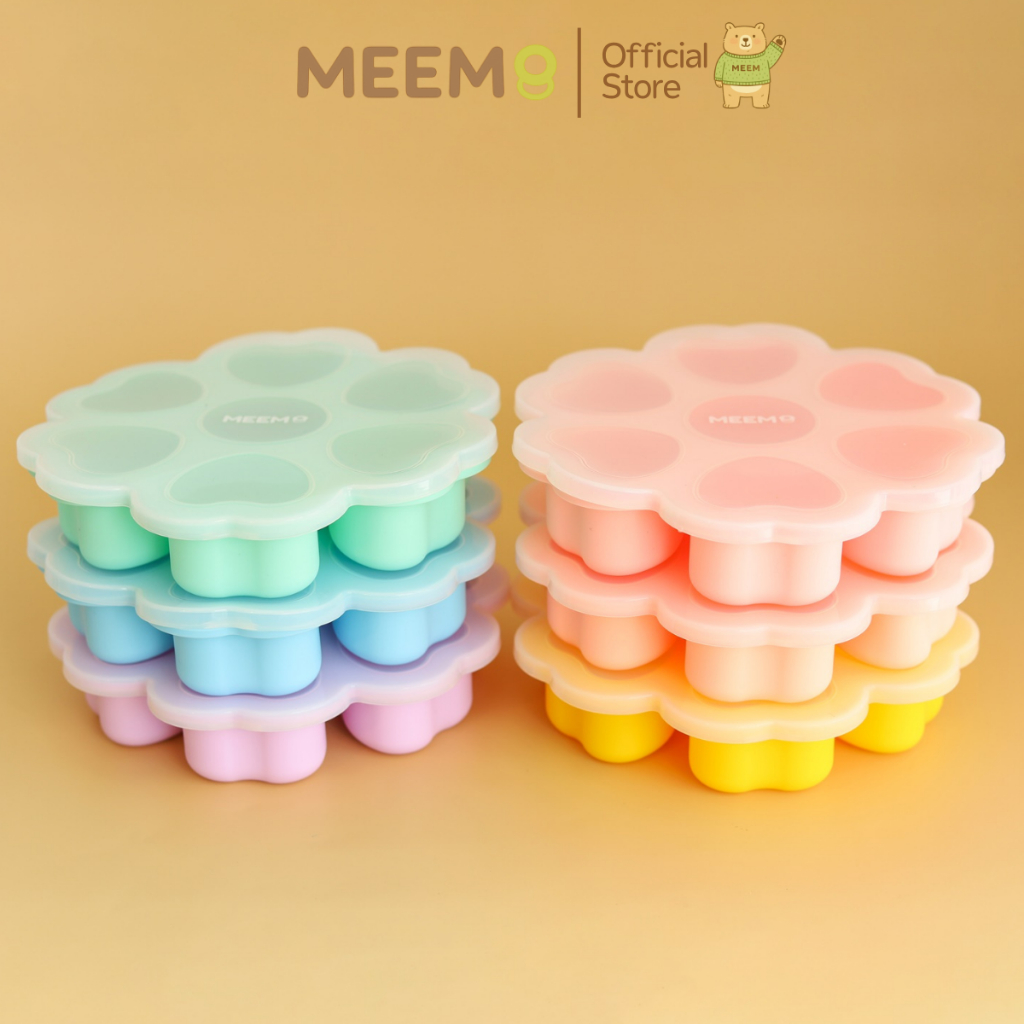 MEEM บล็อคซิลิโคน สำหรับแช่แข็งเก็บอาหารเด็ก บล็อคทำน้ำแข็ง พร้อมฝาปิด รูปหัวใจ 7 ช่อง (ช่องละ 2 oz)