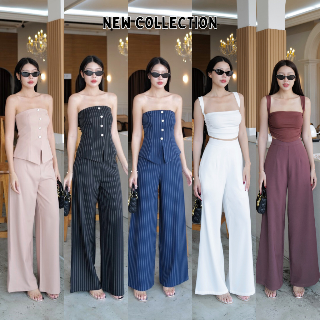 INTUON #9743 #9801 #9872 ชุดเชตเสื้อเกาะอกสายผูก สีหน้าแต่งกระดุม+กางเกงกระบอก T-SHIRTNISTA