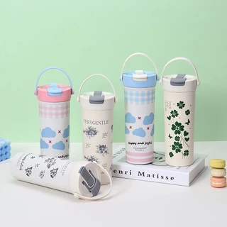 PANDA แก้วกาแฟ สแตนเลส 600ML แก้วเก็บความเย็น 1 ฝา 2 หัวดื่ม กระติกสุญญากาศ สแตนเลส304 ชุดภาพวาดลายพิเศษ 3สี
