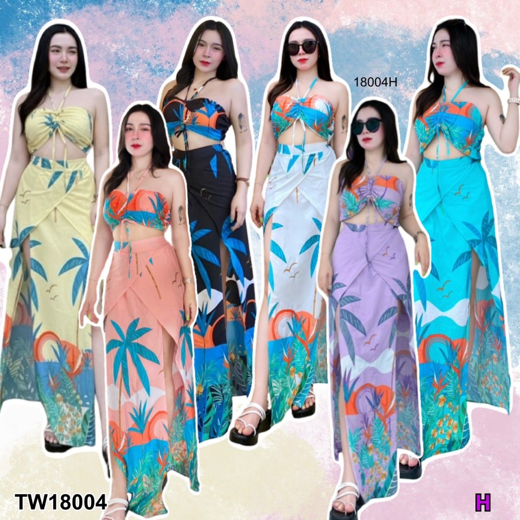 TwinsShopVip💗พร้อมส่ง TW18004 Set 2 ชิ้น เสื้อเกาะอก คล้องคอ พิมพ์ลาย + กางเกงกระโปรง ..