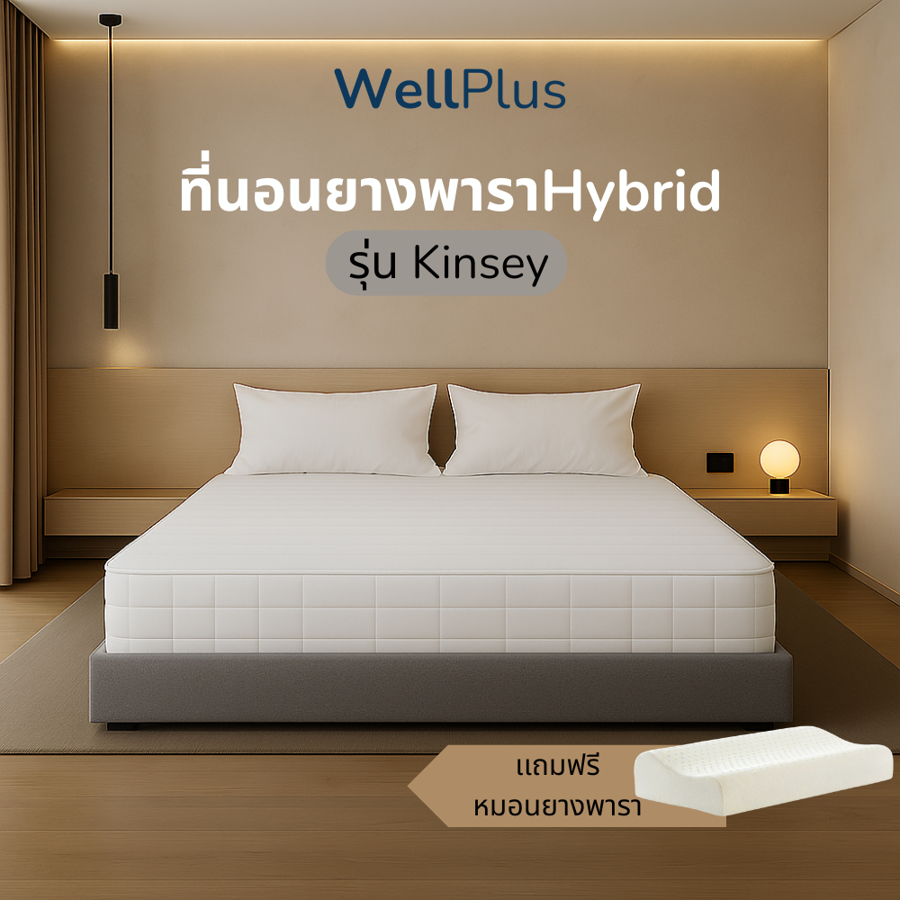 Wellplus  ที่นอนยางพาราHybrid แน่นแข็งแรง วัสดุเกรดพรีเมียม มาตรฐานสูงจากโรงงาน รุ่น Kinsey หนา 6 นิ้ว ฟรีหมอนยางพารา