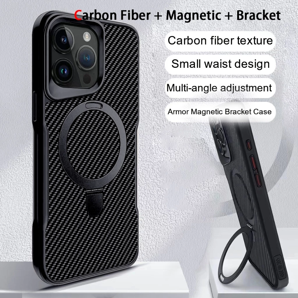 ลายคาร์บอนไฟเบอร์แบบแม่เหล็กเคส For iPhone 17 16 15 14 13 12 11 Pro Max เคสไอโฟน11 13 พร้อมที่ยึดเคสโทรศัพท์มือถือ