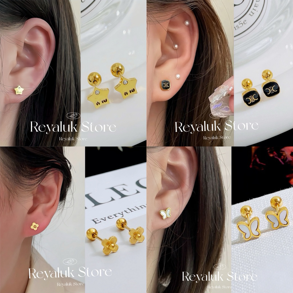 ต่างหูจิวหมุน ผีเสื้อทอง & ดาวน่ารัก ก้านเงินแท้ S925 ใส่ได้ทุกวัน ไม่แพ้ กันน้ำ