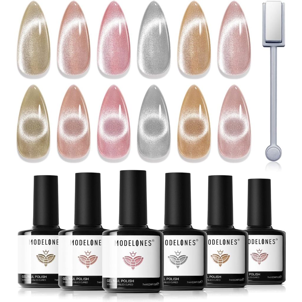 Modelones ชุดน้ำยาทาเล็บเจลโฮโลแกรมกลิตเตอร์ตาแมว 6 สีพร้อมแม่เหล็ก ทําเล็บ สี  ทาเล็บ