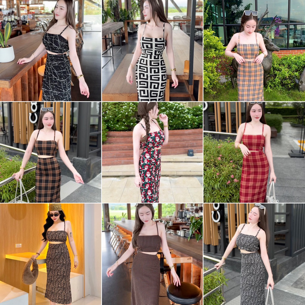 TT47[สินค้าขายดี !!! ] ชุดเซ็ทผู้หญิง งาน2ชิ้น เสื้อสายเดี่ยวพร้อมกระโปรง ทรงสวยเซ็กซี่ ผ้าวูลเวฟพิมพ์ลาย สาวอวบก็ใส่ได้
