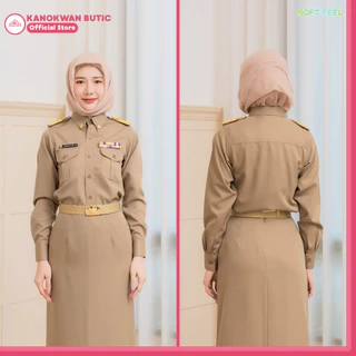 ชุดข้าราชการกากี อิสลาม/มุสลิม หญิง คอเชิ้ตแขนยาว+กระโปรงยาว ผ้าSOFT FEEL (สี16)