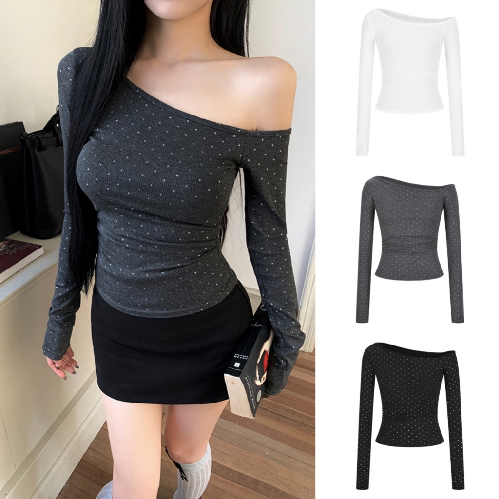 Beryl shop เสื้อยืดแขนยาวเปิดไหล่ไม่สมมาตร เสื้อยืดเซ็กซี่ ผ้าเนื้อนุ่ม ทรงเข้ารูป ใส่สบายดูผอม