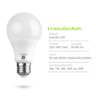 หลอดไฟ led ขั้วหลอด E27 ถนอมสายตา 5วัตต์ 7วัตต์ 9วัตต์ 12วัตต์ แสงขาว แสงวอร์มไวท์ ใช้งานยาวนาน Simple Light