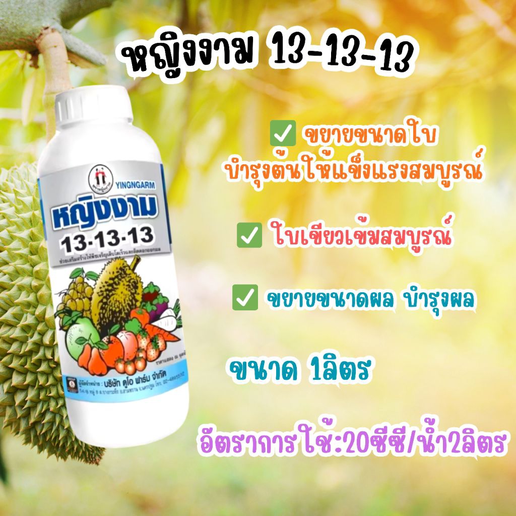 หญิงงาม 13-13-13 ปุ๋ยน้ำฟอสเฟต ใบเขียวเข้มสมบูรณ์ ขยายใบ บำรุงต้น ขยายขนาดผล ขนาด 1 ลิตร