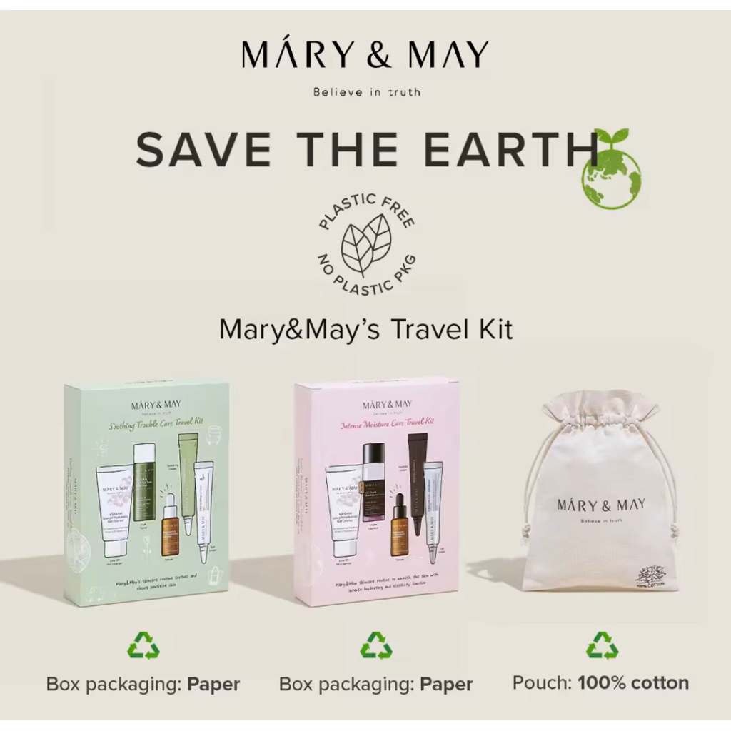 แท้💯🌸Mary&may travel kitผลิตภัณฑ์vegan 5ชิ้น+ถุงผ้าฝ้าย พกเดินทางหรือทดลองใช้ หมดอายุ6/3/26