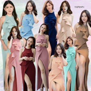 แม็กซี่เดรสแขนกุดแต่งระบายคลีบปลาอก ผ่าหน้า TT11272