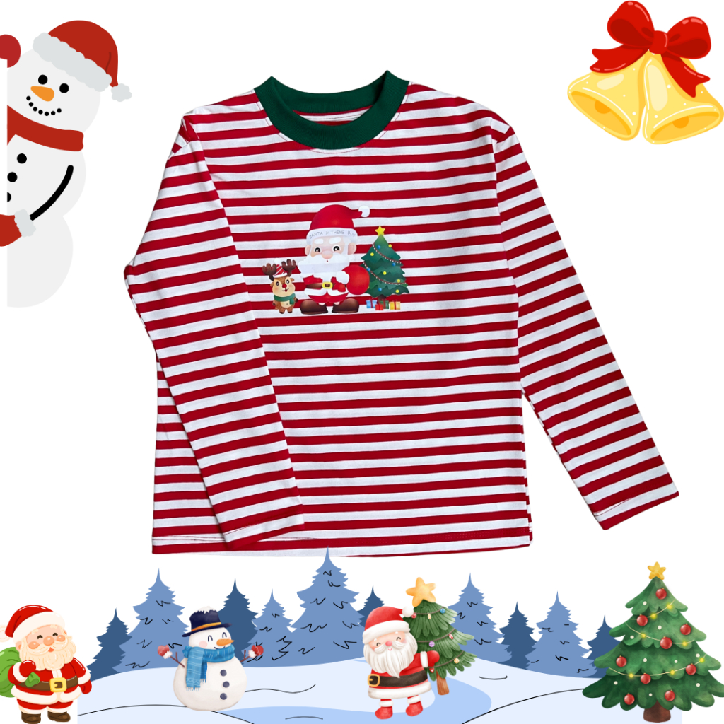 SANTA เสื้อแขนยาวเด็ก ลายทาง สกีนซานต้าครอส & กวางเรนเดียร์ (คริสต์มาส)