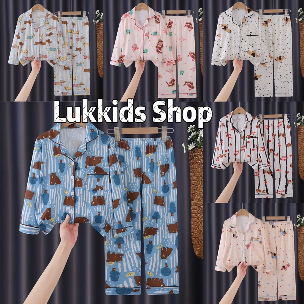 ชุดนอนเด็กแขนยาวคอปกพิมพ์ลายน่ารักทั้งชุด Size110cm-150cm นื้อผ้านุ่มใส่สบาย