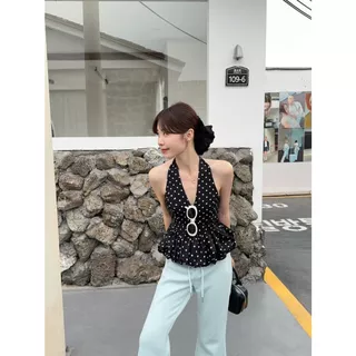 Beryl เสื้อสายเดี่ยวผู้หญิง เสื้อลายจุดสุดเซ็กซี่ คอวี การออกแบบโบว์ริบบิ้น ทรงเข้ารูป สไตล์เกาหลี