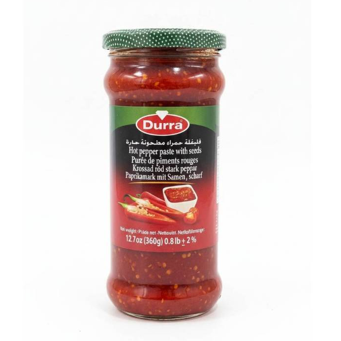 Durra พริกแดงบดเข้มข้น มีเมล็ดพริก Hot Pepper Paste 360g (دبس فليفلة حارة) สูตรเผ็ดผสมเมล็ด ซอสพริก รสจัดจ้าน หมักเนื้อ