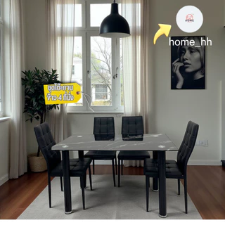 [home_hh] ชุดโต๊ะกินข้าว 6ที่นั่ง 4ที่นั่ง มินิมอล ดำลายหินอ่อน ชุดโต๊ะทานข้าว กระจกหนา8mmกระจกนิรภัย
