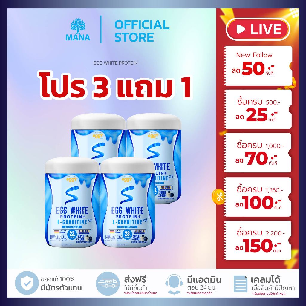 ( 4 กระปุก ) EGGY S [ BLUE PARADISE ] โปรตีนไข่ขาว EGG WHITE PROTEIN สูตร L-CARNITINE MANA ( 210 G )