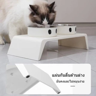 ชามแมว 2 หลุม จานข้าวแมว ชามสุนัข จานอาหารแมว สแตนเลสชามแมวคู่ 8.5cm ยกสูง ฐานกันลื่น