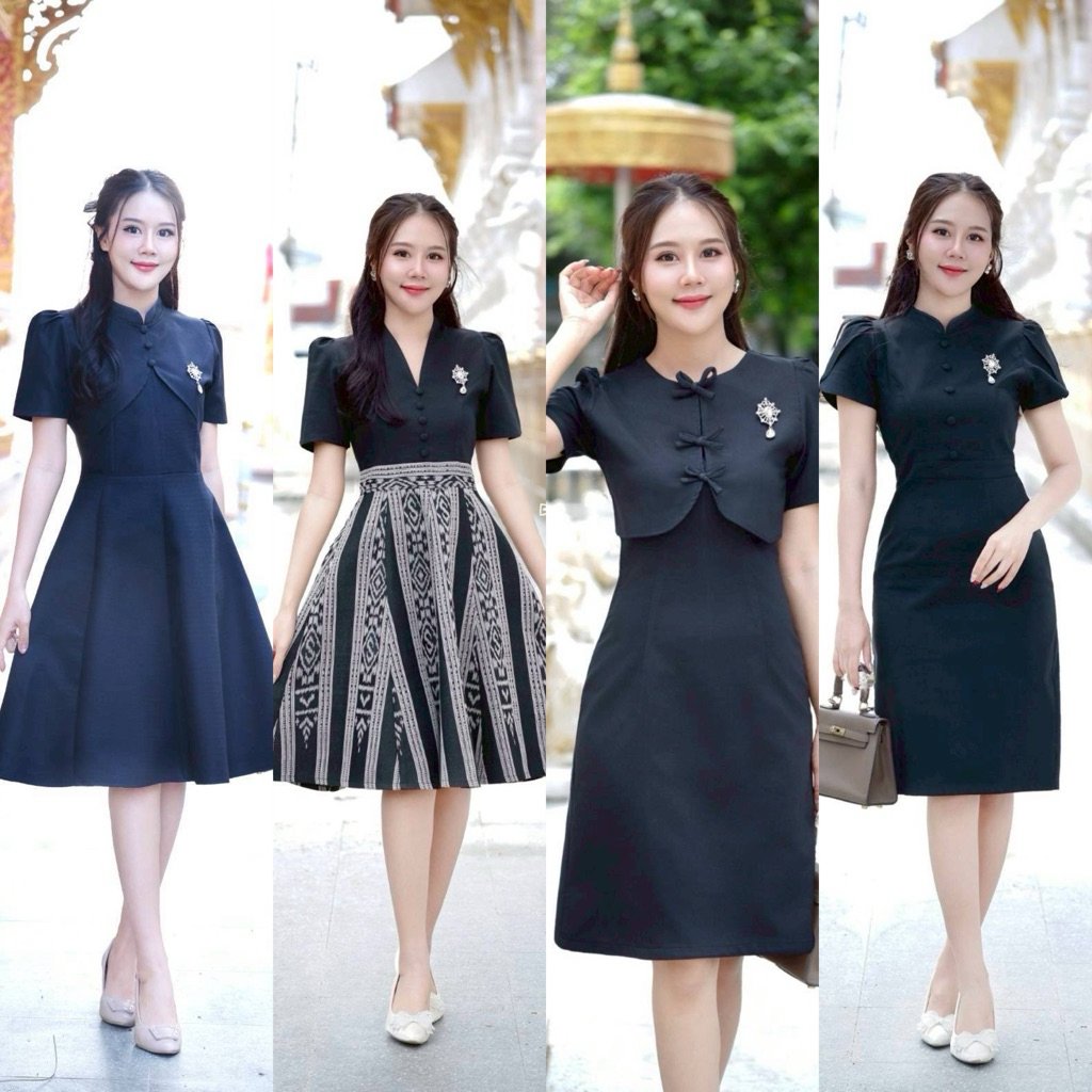 (รอบส่ง 1 ธ.ค. 68) BKK : เดรสผ้าทอ สีดำ งานดี อัดกาวทั้งชุด