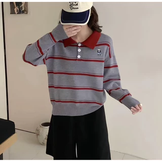 เสื้อสเวตเตอร์คอปก ลายขาง ปักหมี