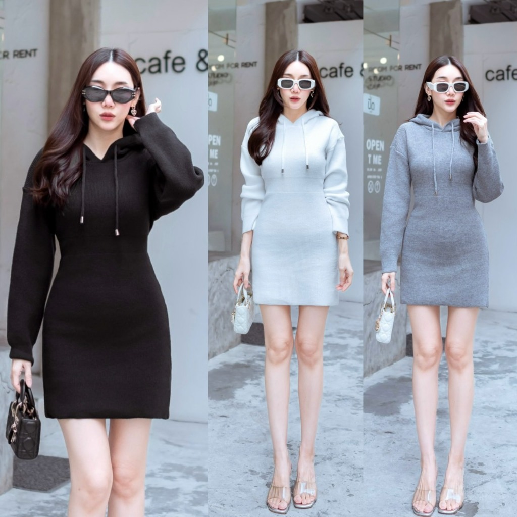J1865 JiraClothing มินิเดรสไหมพรมฮู้ดดี้ทรงเข้ารูป