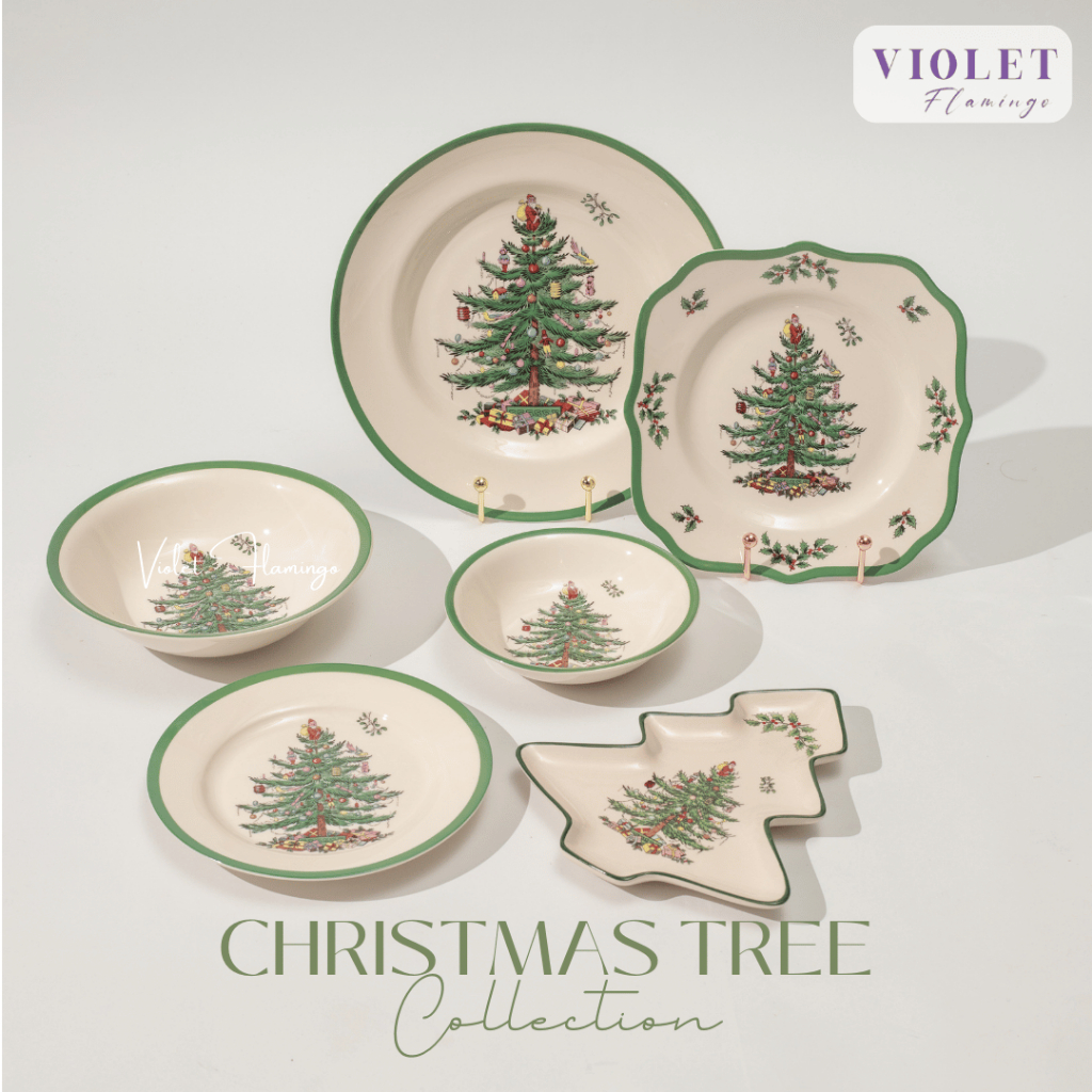 Violet Flamingo จานเซรามิคขอบเขียวลายต้นคริสมาสต์ Christmas Tree Set เข้าไมโครเวฟได้