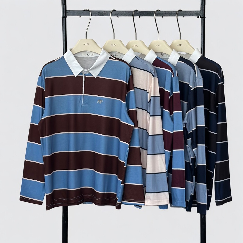 Atipashop - COURTLINE RUGBY POLO T-SHIRT เสื้อโปโล แขนยาว คอปก ลายทาง สีทูโทน