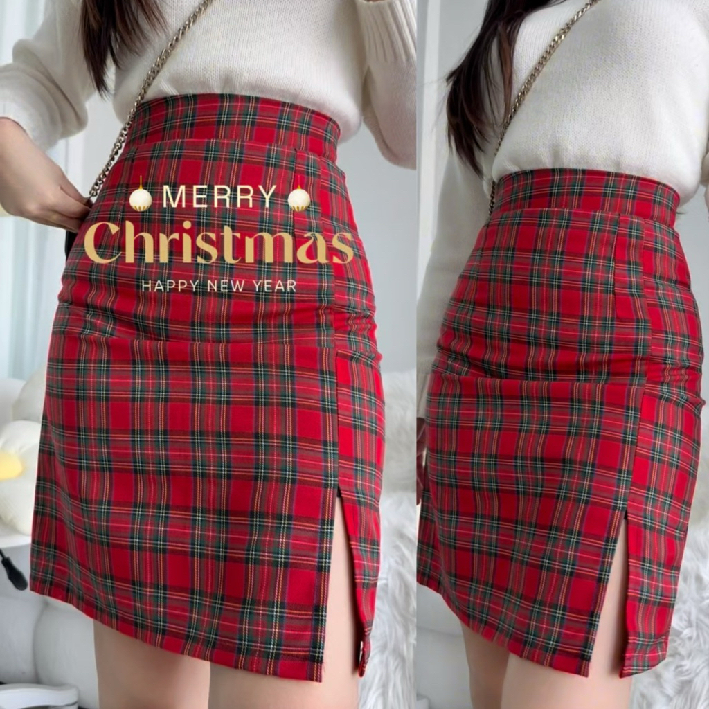 🎄☃️🍒กระโปรงทรงเอลายสก็อต รุ่น คริสมาสต์ มีซับใน