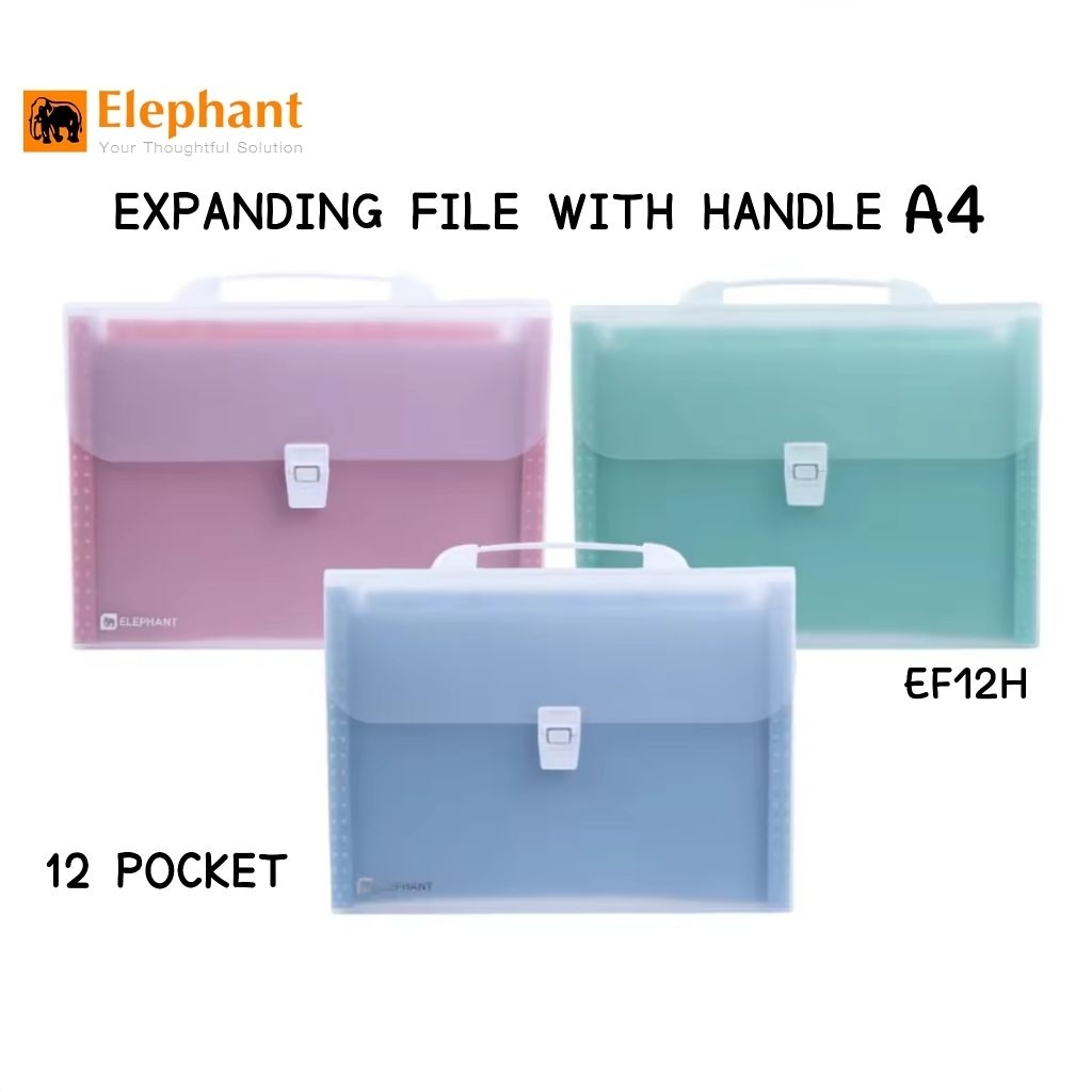 Elephant แฟ้มกระเป๋าหูหิ้ว A4 - 12 ช่อง EF12H ขนาด 26x32.7x3.5 ซม. (ราคาต่อ 1 ใบ คละสี)