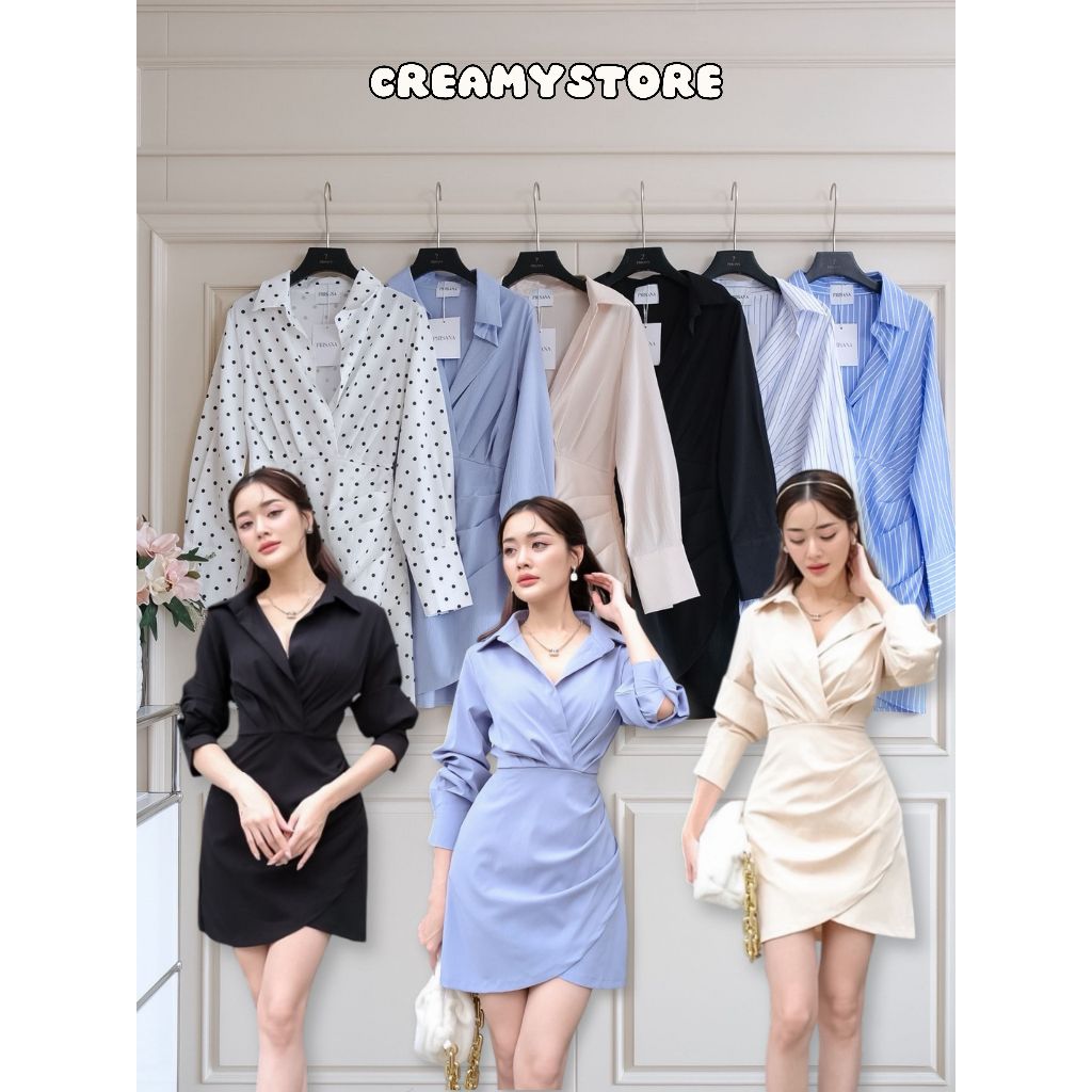 Creamystore เดรสสั้นคอปกวีลึกแขนยาว ทรงป้ายหน้า งานป้ายPrisana