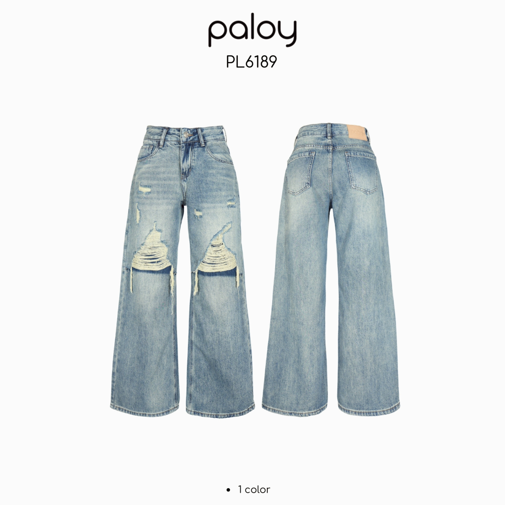 Paloy - PL6189 กางเกงยีนส์ขากระบอกใหญ่ แต่งขาดขา 2 ข้าง