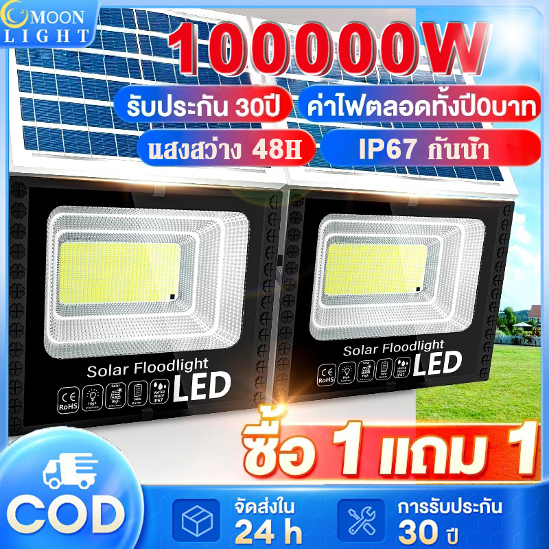 รับประกัน 30 ปี ไฟโซล่าเซลล์ 100000W โซล่าเซลล์ IP67 กันน้ำกลางแจ้ง ป้องกันฟ้าผ่า Solar light สว่างอัตโนมัติเมื