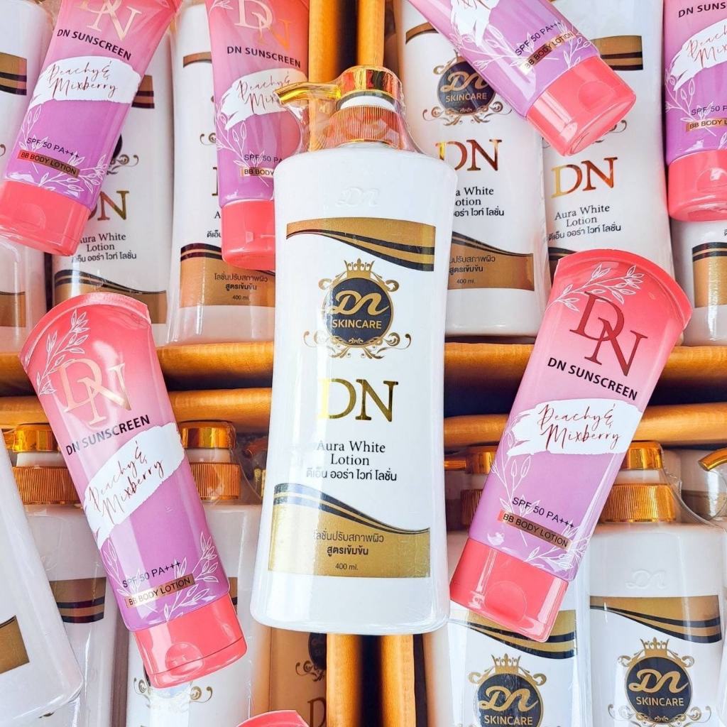 [โลชั่น DN 1 แถม กันแดด 1]ออร่าไวท์ โลชั่นผิวขาว กระจ่างใส ของแท้100% 400ml.