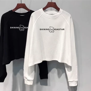 เสื้อครอปแขนยาวไซส์ใหญ่ oversize เสื้อผ้าสาวอวบแฟชั่นมาใหม่ เสื้อยืดสวยผู้หญิงลำลองทรงหลวมสไตล์เกาหลี สกรีนลายวินเทจเท่