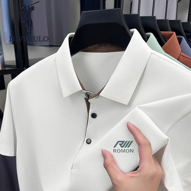 DIVPOLO 1099-R3 ผู้ชายผ้าฝ้ายแท้เสื้อโปโลปกปักแขนสั้นสีทึบสบายๆทุกการแข่งขันเสื้อยืด