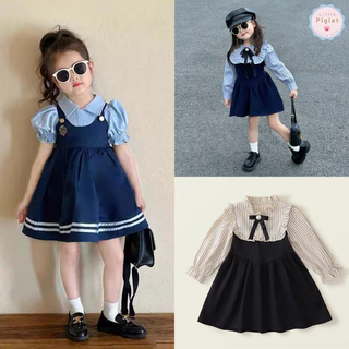 Little Piglet 🐷 พร้อมส่ง Dress ชุดกระโปรง แขนยาว แขนสั้น เด็กหญิง สีฟ้า กรมท่า ดำ เกาหลี แฟชั่นเด็ก