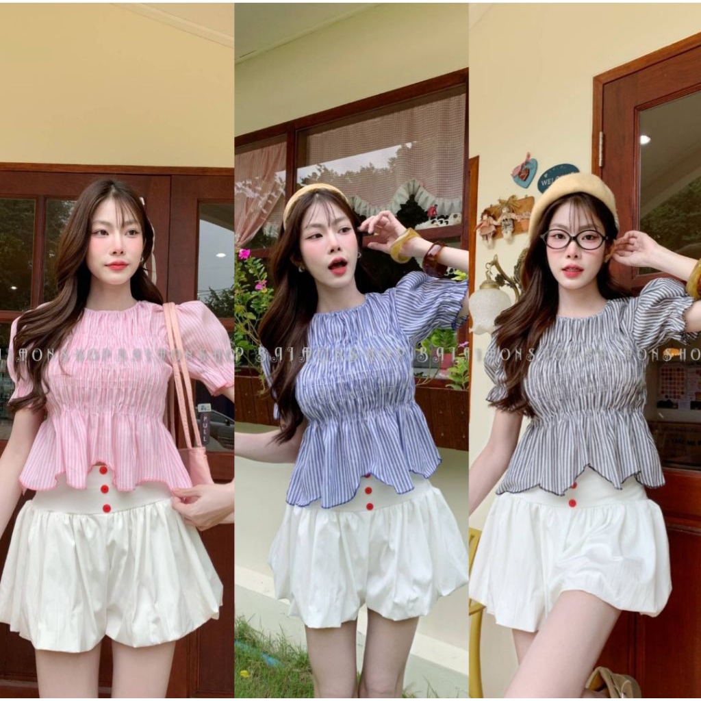 เสื้อครอป แขนตุ๊กตา ลายริ้ว สม็อคทั้งตัว งานใส่น่ารักมากๆ ผ้าใส่สบาย
