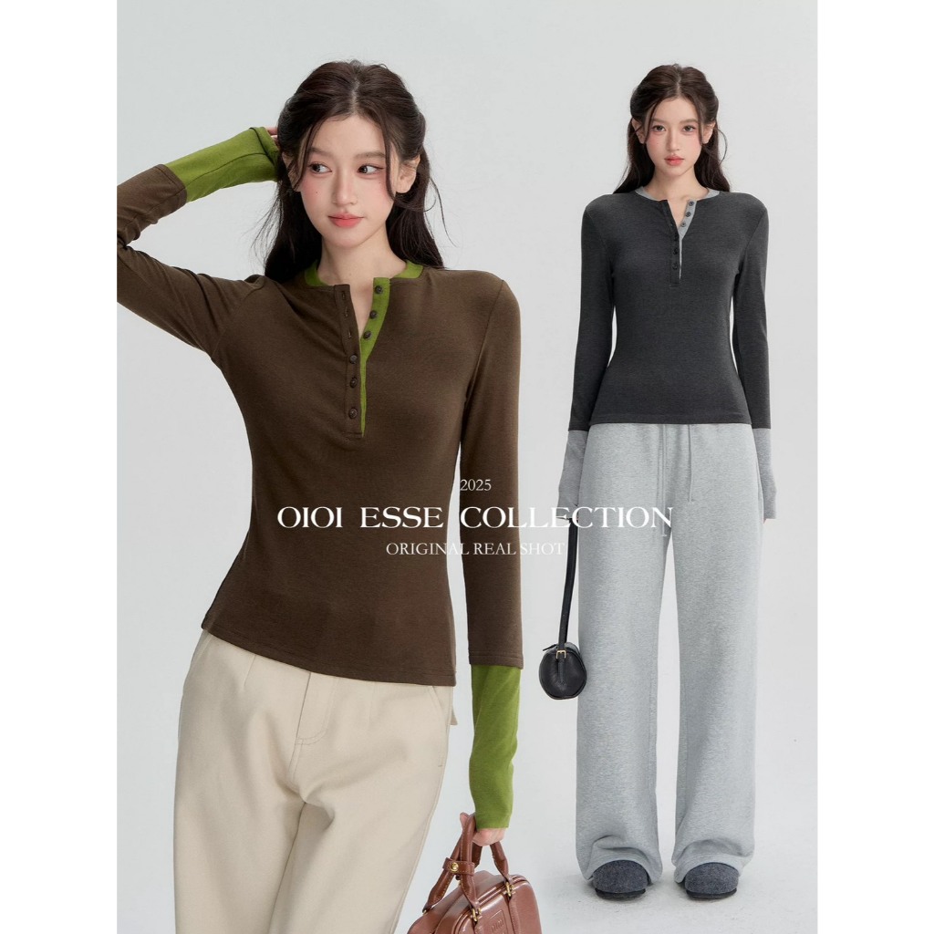 OIOI ESSE｜Color-blocked Henley Collar Base Layer Top