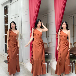 ชุดเพื่อนเจ้าสาว เดรสเบี่ยงข้างออกงานแต่งดอกไม้ MAYA G124ชายพริ้วๆๆสวยๆ