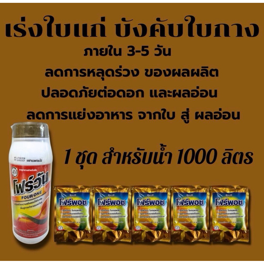 ชุดเร่งใบแก่ บังคับใบกาง ภายใน3-5 วัน (โฟร์วัน 1 ลิตร+ โฟร์พอช 5 ซอง) แก้ปัญหาใบอ่อน ผลอ่อนร่วง