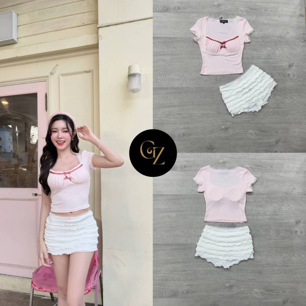 GEN Z Setเสื้อแขนสั้นแต่งลูกไม้ผ้านิ่ม - รูปที่ 2