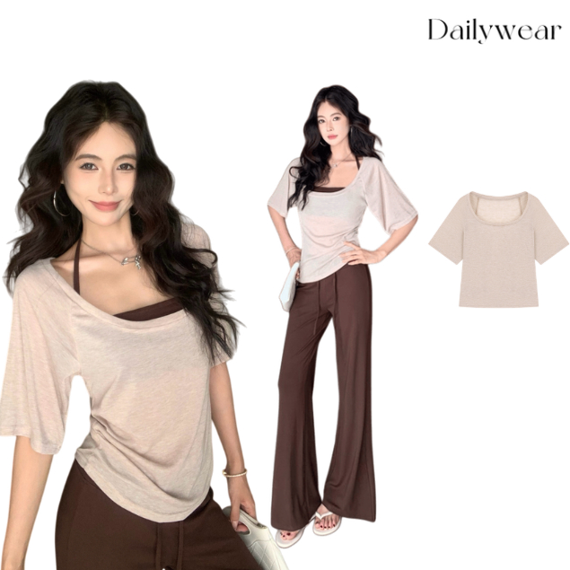 Dailywear พร้อมส่ง ✨เสือกันแดด คอ U ใหญ่  สไตล์หลวมและขี้เกียจ เสือยืดแขนสัน ชุดฤด ร้อนของผู้หญิง