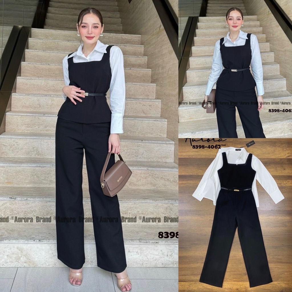 พร้อมส่ง เติมSML⚡️AR 8398 ชุดเซต4ชิ้น สุดคุ้ม เสื้อสีดำ+ขายาวสีดำ+เชิ้ตสีขาว+เข็มขัด เรียบหรู - รูปที่ 3