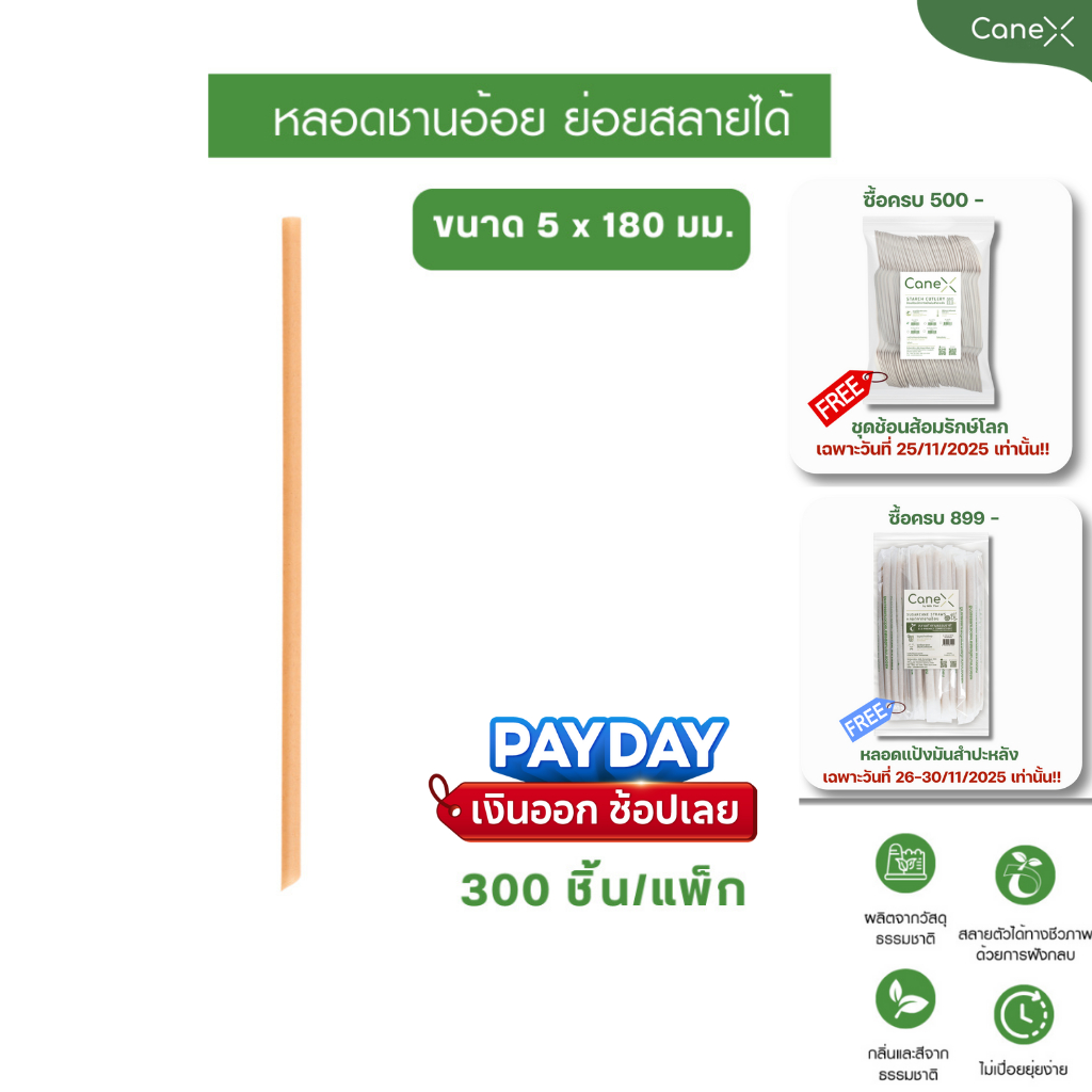 (300 ชิ้น) CaneX หลอดชานอ้อย ย่อยสลายได้ 100% (100ชิ้น/แพ็ก)  ขนาด 5 x 180 มม. ตัดตรงหลอดไบโอ หลอดรักษ์โลก Bio straw