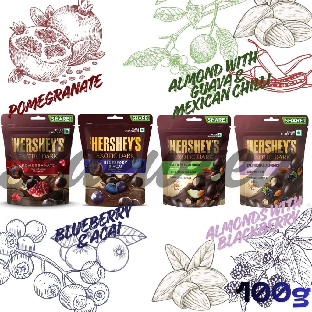 Hershey's Exotic Dark ดาร์กช็อกโกแลตสอดไส้ 4 รส ขนาด 90-100 กรัม สินค้าจากอินเดีย