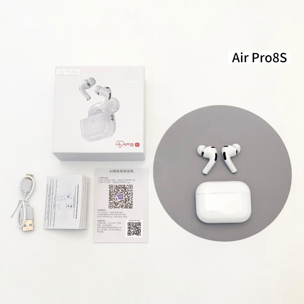 Air pro8s AI ชุดหูฟังแปล ไร้สายบลูทูธ ANCตัดเสียงรบกวน หูฟังบลูทูธ ดอัตราการเต้นของหัวใจ คุณภาพเสียงไฮไฟ พร้อมไมโครโฟน