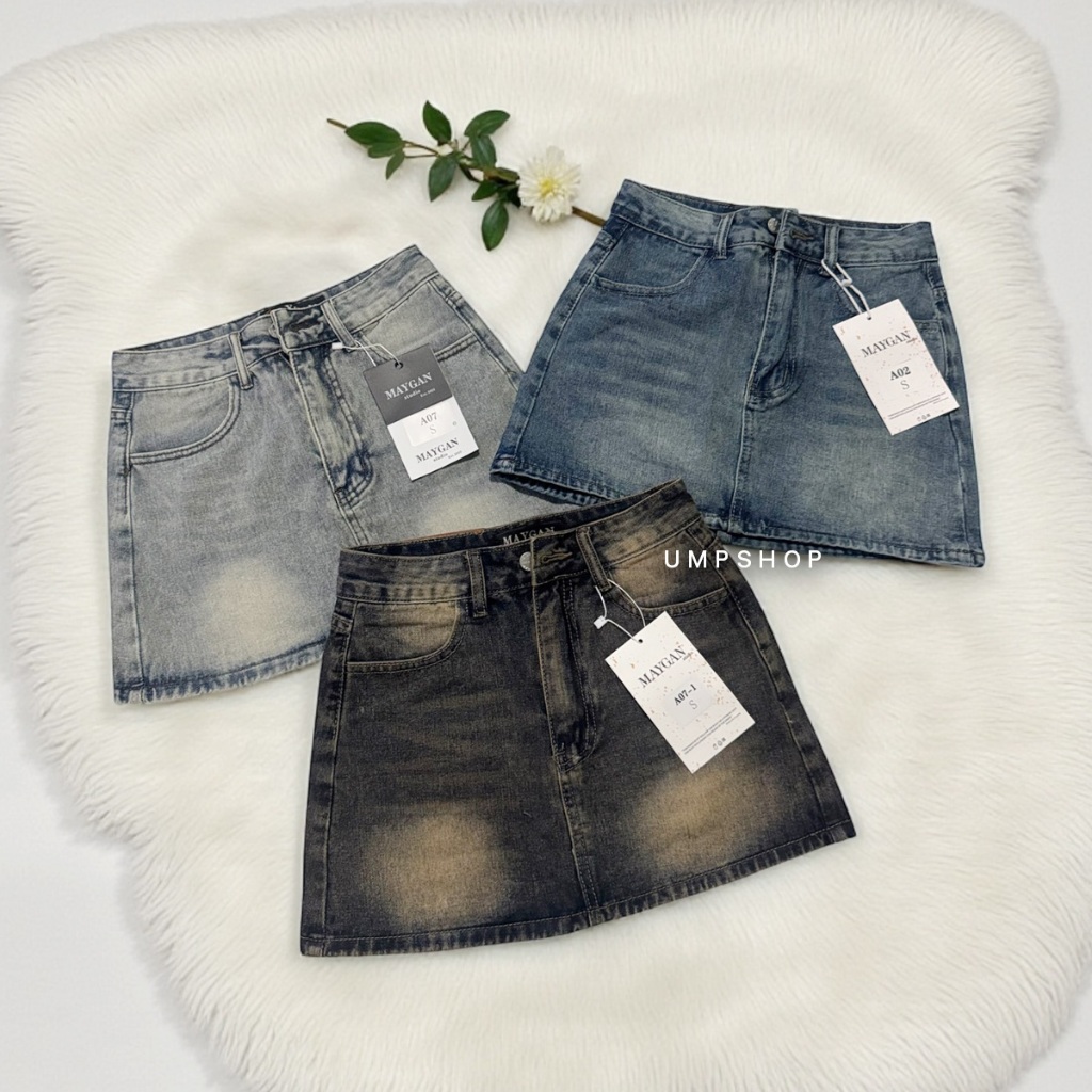 กระโปรงยีนส์สั้น Mini skirt สีฟอกเฟด มีซับใน